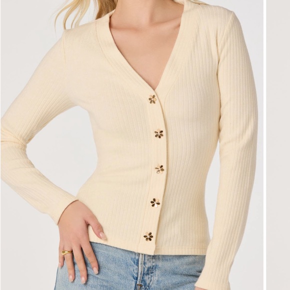 ASTR Soft Cream Ribbed V-Neck Button Cardigan - Picture 3 of 3